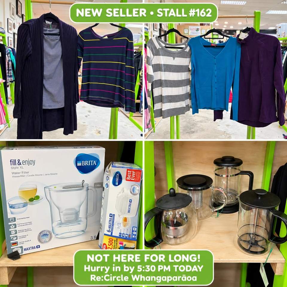 THIS IS WHY IT’S CALLED A COMBINATION STALL!
New seller Stall #162 has arrived at Re:Circle Whangaparāoa—and it really does have a bit of everything!
 Clothing, including Gap, M&S, Esprit and Quechua
 Clear teapots from $20
 Brita water-filter products
 Storage, linen and other useful homeware
 Plus plenty more waiting to be discovered!
There’s only one of each item, and we don’t expect these finds to be here for long. Hurry in by 5:30 pm TODAY, Sunday, to make sure you don’t miss out!
 HOW TO FIND US
Come inside Coast Plaza and head up to Level 4. You’ll find Re:Circle right beside Chipmunks.
Re:Circle Whangaparāoa
Coast Plaza
719 Whangaparaoa Road, Manly
SELLERS: Got a mixture of clothing and household treasures to clear out? That’s exactly what a combination stall is for! Set it up once, let Re:Circle handle the selling, and track your sales online.
#ReCircleWhangaparaoa #CoastPlaza #HibiscusCoast #NewSellerAlert #CombinationStall #SecondhandShopping #ShopLocalNZ #OnlyOne #SundayShopping #SellYourStuff #BookAStall #CircularEconomy