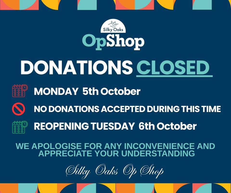 Donation Shed Closure Notice - King's Birthday Public Holiday
Please be advised that the donation shed will be closed Monday 5th October due to the King's Birthday Public Holiday.
 Closed: Monday, 5th October
 Reopening: Tuesday, 6th October at 7:30am
During this period, donations will not be accepted. We kindly ask that all items be held until the shed reopens.
Thank you for your understanding and continued support.
#silkyoaksopshop #donationshedclosure #kingsbirthdaypublicholiday