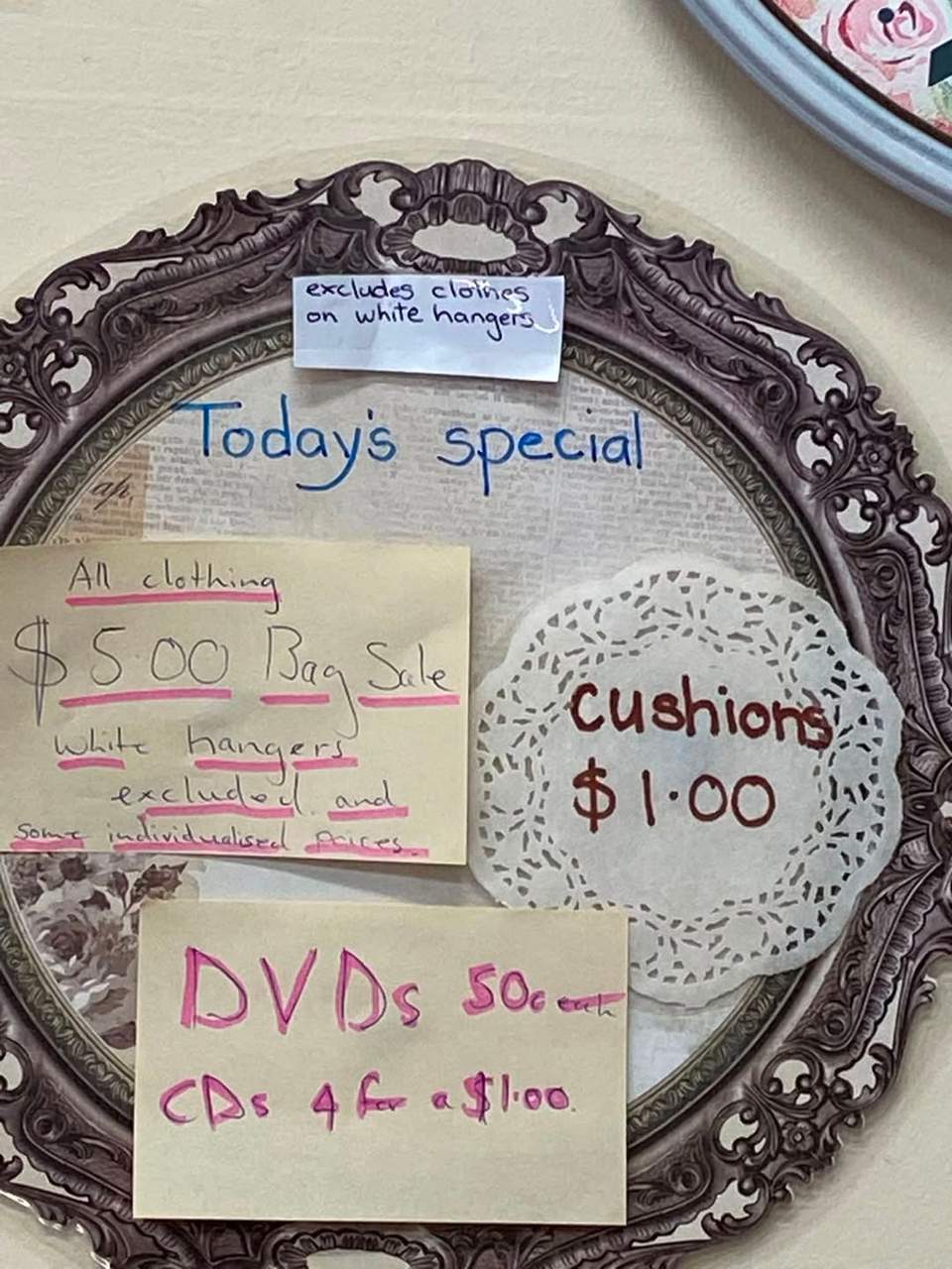 In our main shop (85 Randell). We have an ongoing sale. Fill a bag with clothes for $5.00 (excluding clothing on white hangers and individually priced)