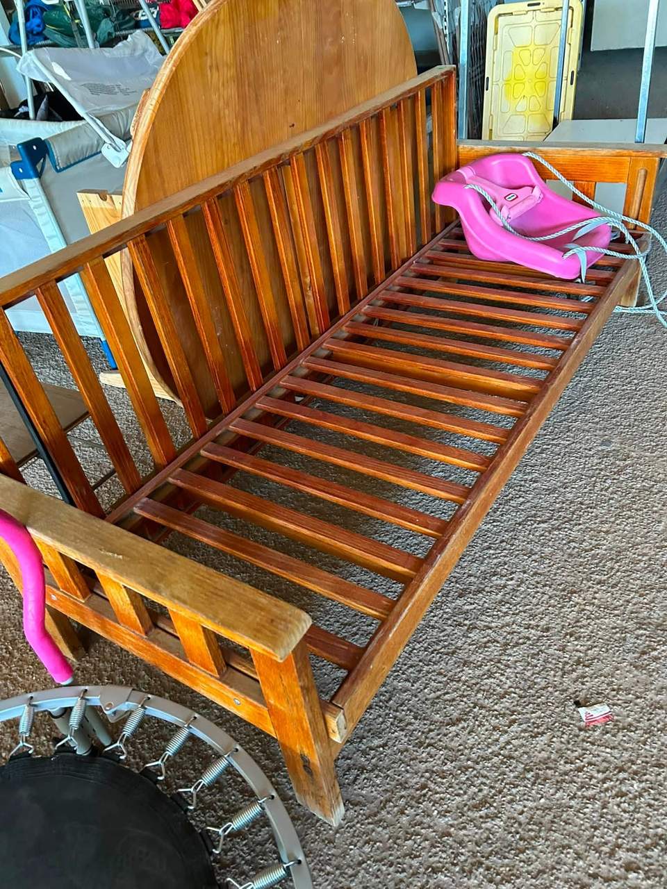 Current Tip Shop stock includes a bench, cot, trampoline and other goods. Hours shown are weekdays 8:30am–4pm and Saturday 9am–1pm.