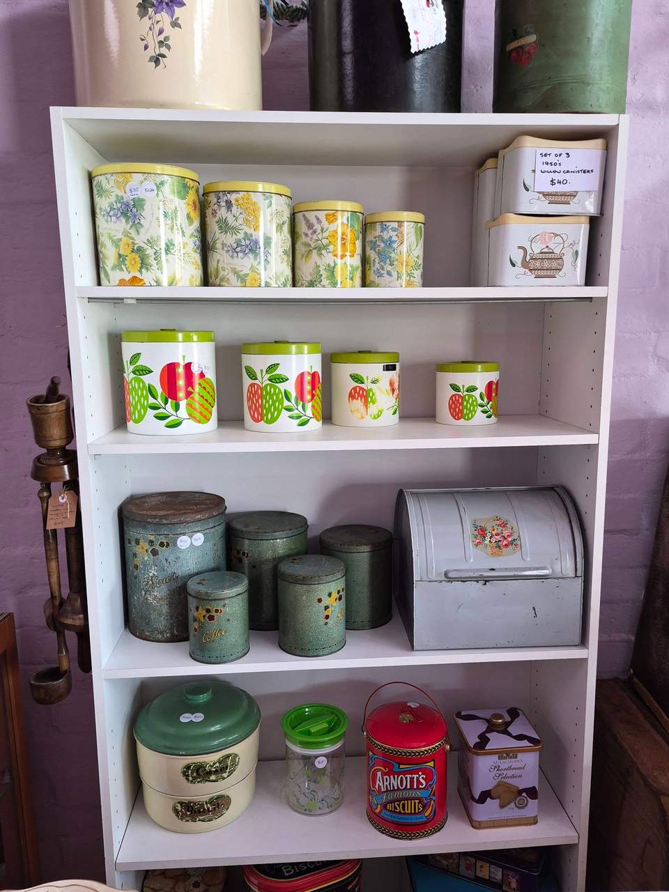Vintage kitchen cupboard for sale $50. White book case with 5 shelves for sale $50.