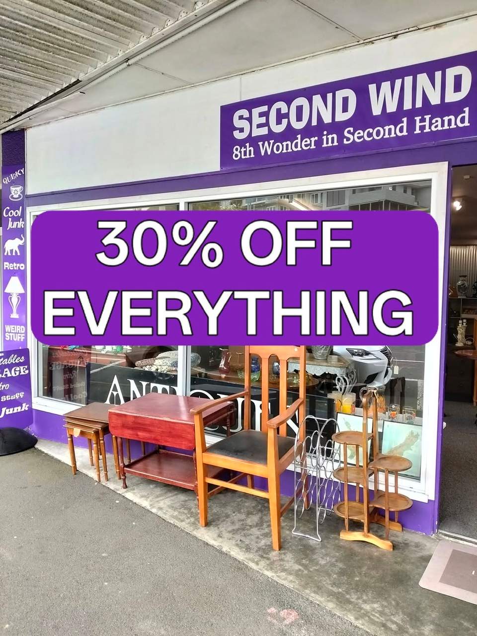 Tired of the ridiculous prices at charity shops? We know you are, we hear it every day.
Our stock is purchased locally. It's clean and not cracked, chipped, damaged or stained. Some of it's showing it's age, but then so are we.
Our shop is well laid out, mobility and pushchair friendly. A relaxing place to move around and browse. When we don't have a store wide sale on we are open to negotiating on price.
We don't stock beds, whiteware, electronics, knives or clothes. If you are after clothes try our friends in August - Preloved Designer Clothing , or the church Op shop down Lawry Street.
Please note: we think that St Andrews Op Shop Stratford is the exception to the growing price gouging in charity shops. They are awesome, have great prices, and are transparent about where the money they raise goes - to great causes in their local community.