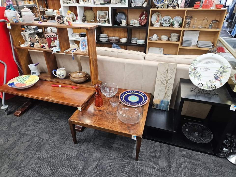 Fresh furniture and homewares are on the floor at St John Tauranga Store, including a cream leather two-seater couch for $80, a matching single-seater for $40 and a Sony Bravia television for $40.