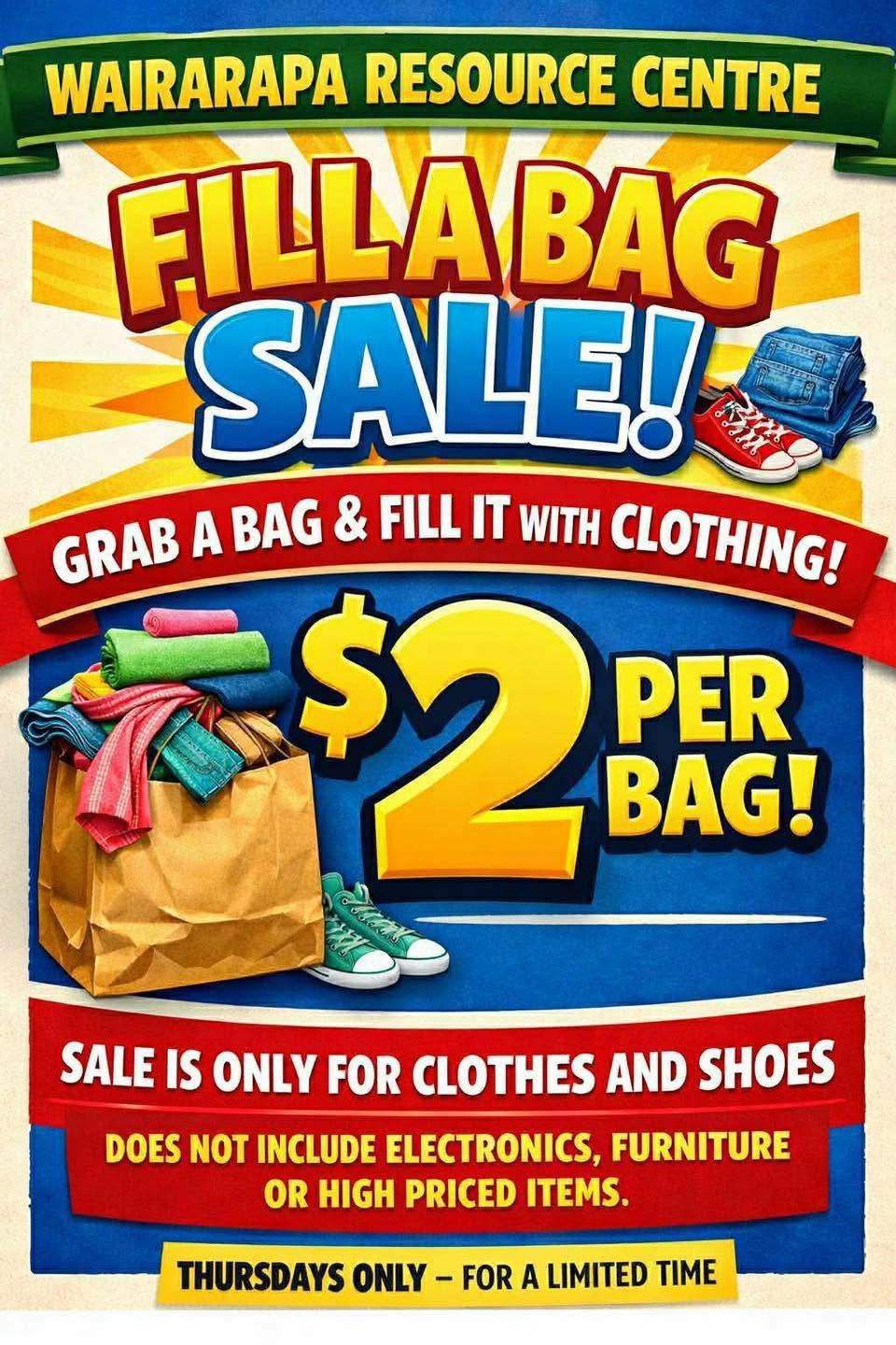 $2 Fill-a-Bag this Thursday!
Looking for a bargain? Grab a bag and fill it with clothing and shoes for just $2 per bag!
 Great deals, great finds, and a great way to support reuse in our community.
 Available this Thursday at the Wairarapa Resource Centre