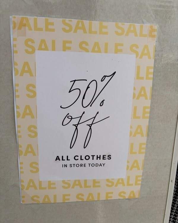 The Hope Shop in Manly Village has 50% off storewide for a limited time, excluding jewellery and jeans as marked.