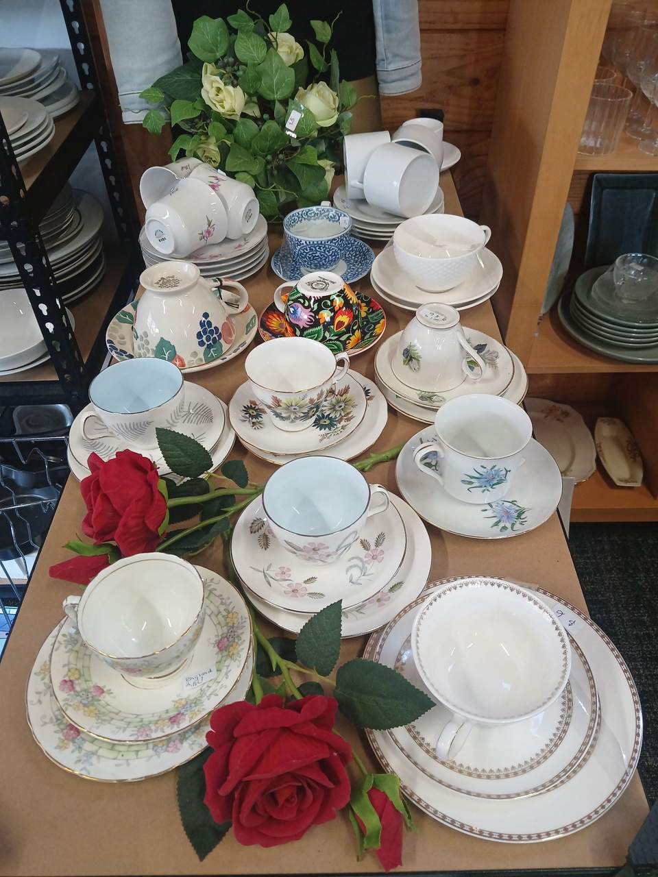 Tea cups and saucers, and trios in store.